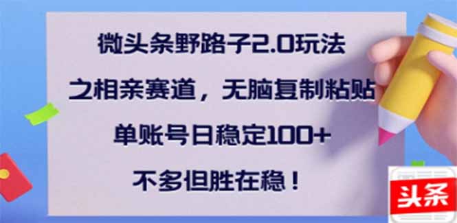 （14334期）微头条野路子2.0玩法之相亲赛道，无脑搬砖复制粘贴，单账号日稳定300+…-聚宝盆-全网首发高质量项目输出