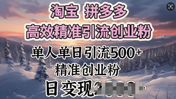 淘宝拼多多高效精准引流创业粉，单人单日引流500+创业粉，日变现多张-聚宝盆-全网首发高质量项目输出